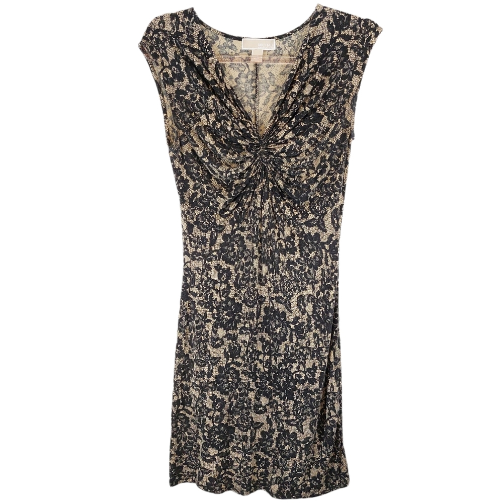 90s Y2K Cotton Rayon Knit Ruched Jacquard Lace Jersey Knit Floral Mini Dress